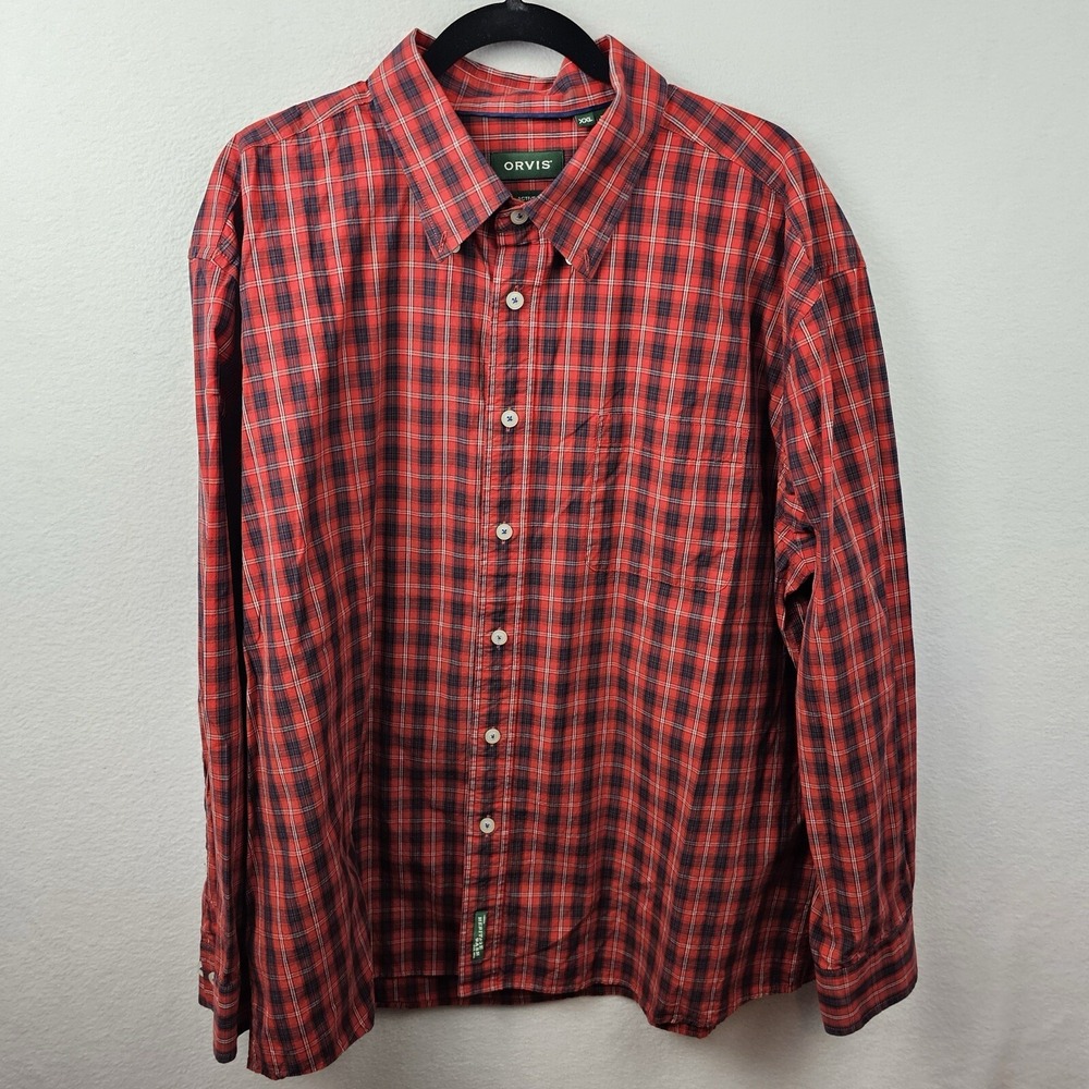 Orvis Shirt Men's Size XXL Red Black Plaid Long Sleeve Button Up